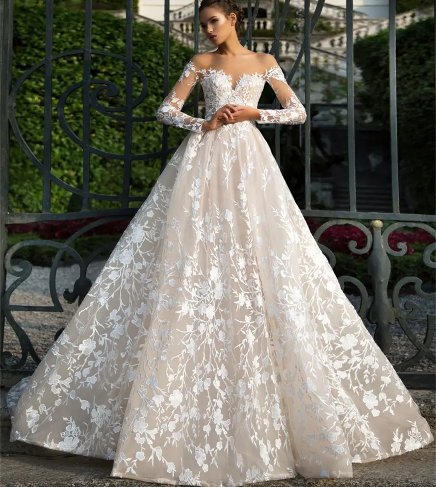 Vestido de novia 2021 Lace Printing Wedding Dresses Long Sleeve Bridal Gowns Long Tail Muslim Wedding Gowns