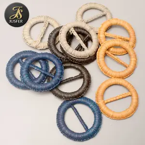 New Design round metal hand weaving belt buckle with raffia