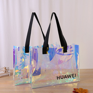カスタムロゴプロモーションレインボークリアプラスチック女性ビーチバッグbolsa de compras透明ホログラフィック<span class=keywords><strong>PVC</strong></span>トートショッピングバッグ