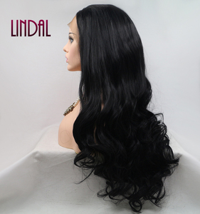 LINDAL 13x3 24 "ricciolente nero di lusso da donna naturale di alta qualità fibra per <span class=keywords><strong>capelli</strong></span> a buon mercato merletto lunga sintetica parrucca ondulata - Product Image 4