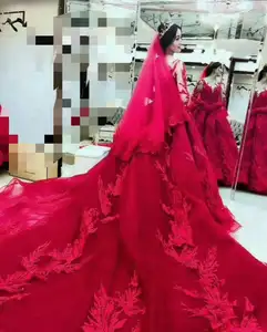 new Gorgeous Red Bridal Dresses Sexy Luxury Bridal Gowns Transparent Back Lace Wedding Gown Mid East Ball Gown Wedding Dresses