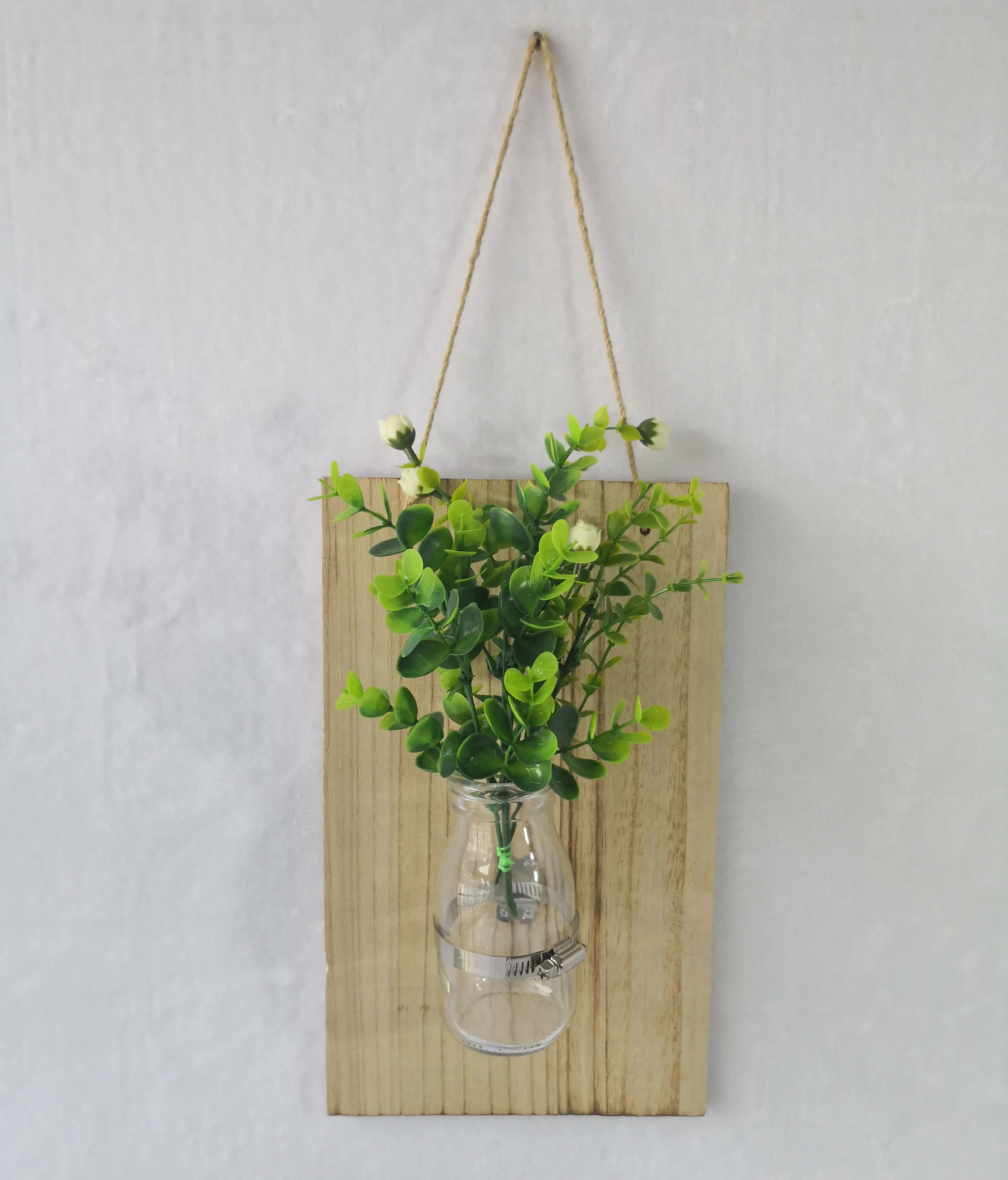 wall hanging glass vase with wood base for hydroponics plant