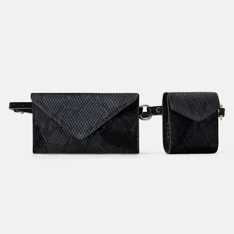Riñonera de piel con estampado de serpiente negra personalizada para mujer, bolso de cintura para mujer, conjunto de billetera con cinturón