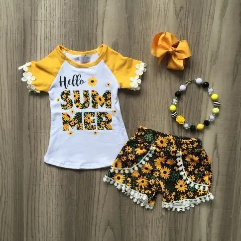 baby girls summer new arrival outfits floral sunflower top floral short outfits girls boutique clothes with accessories