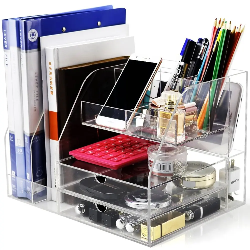 Organizer da scrivania in acrilico personalizzato, tutto in uno forniture per ufficio accessori da scrivania Caddy con 2 cassetti per l'organizzazione di casa/ufficio