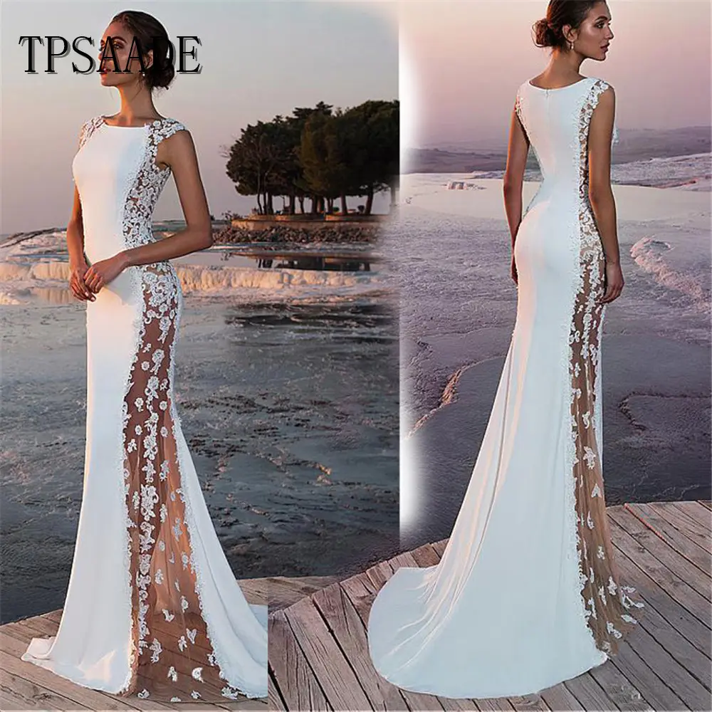 Elegant Sexy Illusion Appliques Lace Side Bridal Gown Boat Neckline Mermaid Wedding Dress 2020 WF521