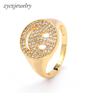 Cute brass 18K gold White zircon round smile face ring china suppliers