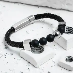 Black onyx lava stone with stainless steel clasp high quality mens leather Beaded bracelet bangle