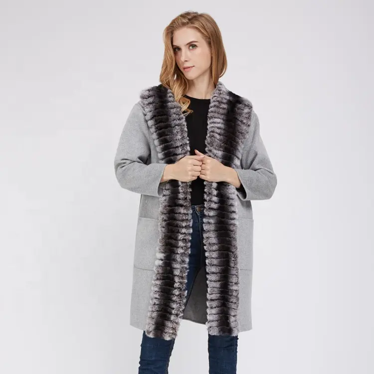 Nouveau Design De Mode Lumière Gris Femmes Cachemire Laine de Mouton Rex Lapin Col De Fourrure Manteau