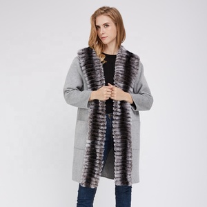 Nouveau Design De Mode Lumière Gris Femmes <span class=keywords><strong>Cachemire</strong></span> <span class=keywords><strong>Laine</strong></span> de Mouton Rex Lapin Col De Fourrure <span class=keywords><strong>Manteau</strong></span> - Product Image 1