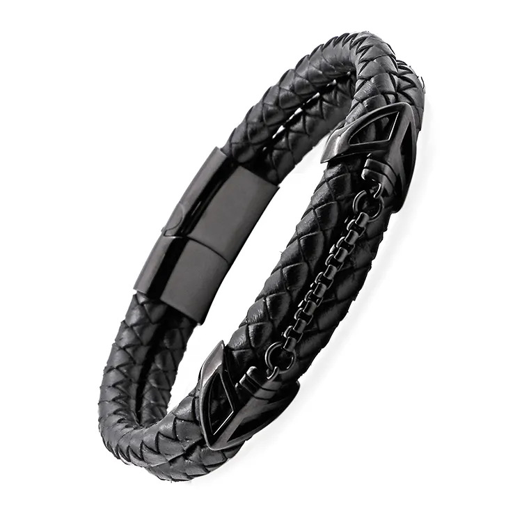 Hoge Kwaliteit Mode Accessoire Echt Lederen Zwarte Manchet Armband Met Magneet Sluiting
