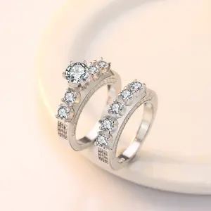 Dropshipping Set Cincin Pernikahan, Set Cincin Kawin 10K Putih CZ Pertunangan Cincin Pengantin Perempuan