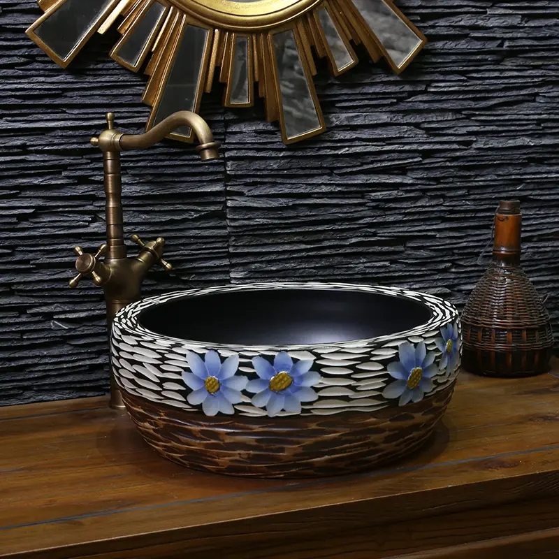 Évier en porcelaine sculpté noir avec comptoir rond, lavabo de salle de bains en céramique, artistique, fait à la main, nouveau,