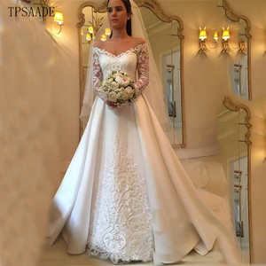 Tessuto satinato in pizzo Appliques abiti da <span class=keywords><strong>sposa</strong></span> per spose lunghe trasparenti spalle abito da <span class=keywords><strong>sposa</strong></span> Vestido De Novia 2025 - Product Image 1