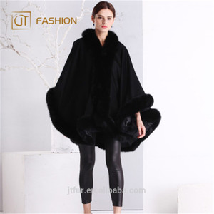 Wholesale Fashion Winter <strong>Women</strong> Real Fox Fur Coat Trimmed Plush Collar Custom <strong>Women</strong> Wool Cape <strong>Cloak</strong> - Product Image 2