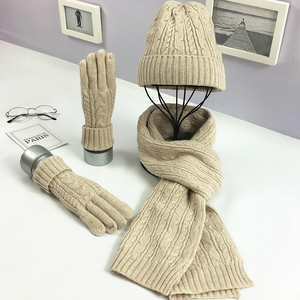 Tricoté <span class=keywords><strong>Laine</strong></span> Trois-Pièce Ensemble Solide Couleur <span class=keywords><strong>Col</strong></span> Roulé Chaud De <span class=keywords><strong>Laine</strong></span> Chapeau Écharpe Gants Ensemble - Product Image 2