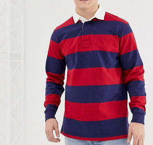 Personalizzato Uomo Rosso/Navy In Cotone A Maniche Lunghe A Righe di Rugby Polo Camicia - Product Image 1
