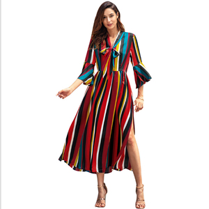 YILEYA <span class=keywords><strong>de</strong></span> rayas arco iris <span class=keywords><strong>de</strong></span> las mujeres Vestido largo <span class=keywords><strong>de</strong></span> nuevo estilo chifón vestido midi con cuello fajas - Product Image 2
