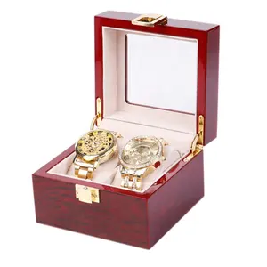 Barniz de piano de cereza de lujo, 2 ranuras, cajas de exhibición de embalaje de reloj de madera al por mayor