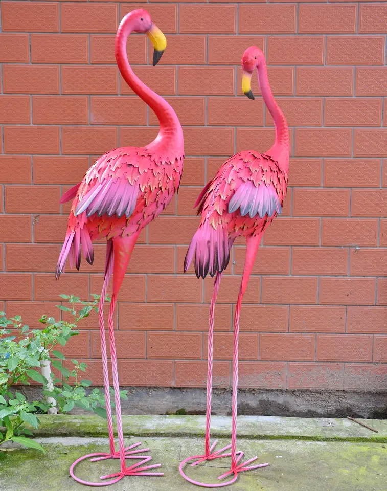 Decoración artística de metal para jardín, flamenco rosa