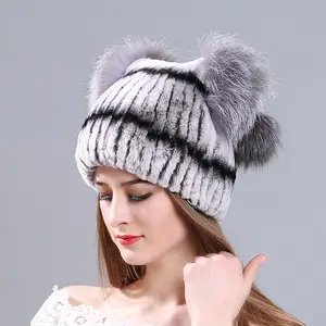 Rex Rabbit Fur Hat with Elastic Cat Ears Hat Women Warm Winter Hat Outdoor Adults Image Knitted Female Beanie 2 Pcs COMMON