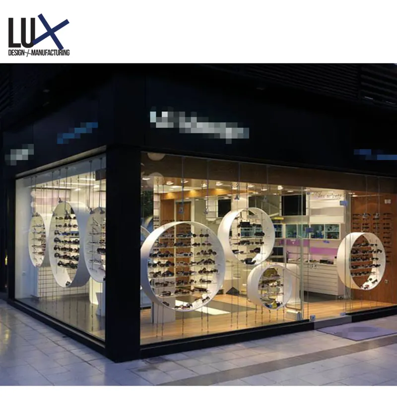 Fashion optical store design with eyeglass display rack stand and glass cabinet