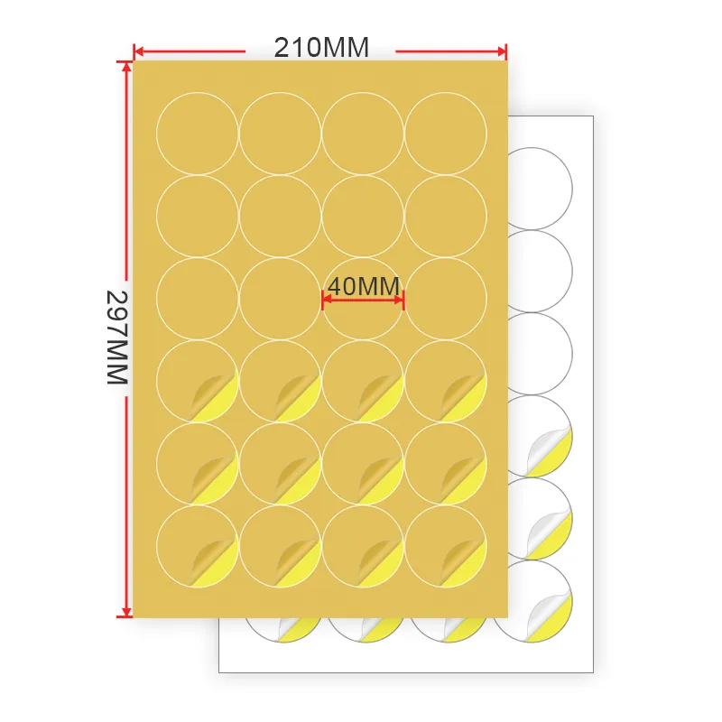 A4 yuvarlak etiket etiket, Die-cut levhalar a4, parlak beyaz/Kraft kağıt yapışkan çıkartmalar için lazer/mürekkep püskürtmeli yazıcılar