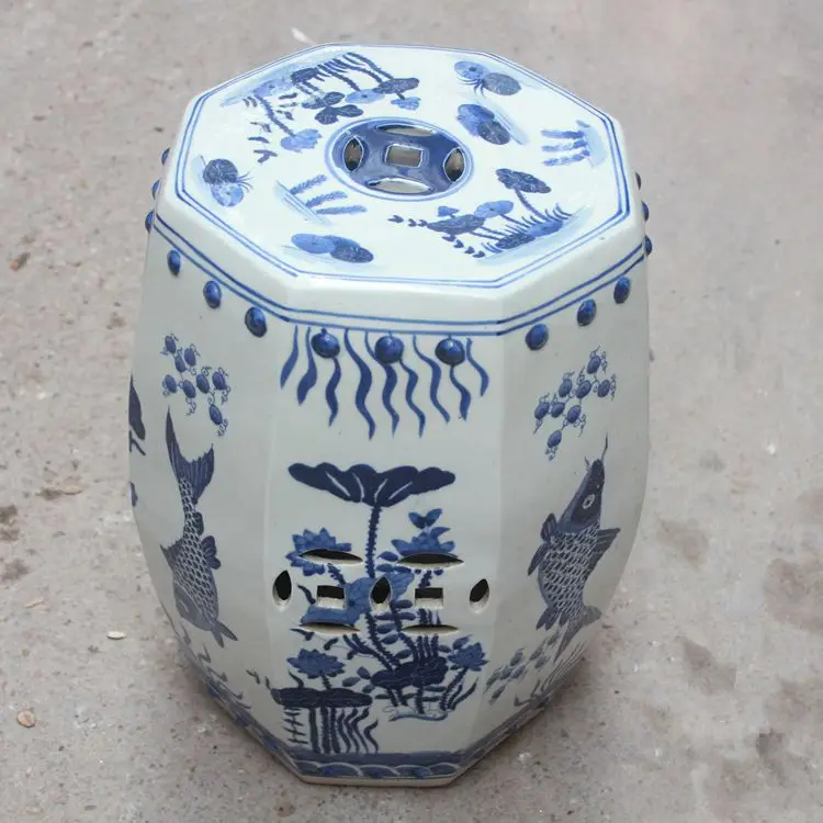 Tabouret de jardin en porcelaine, nouveaux motifs de poissons chinois, tabouret d'extérieur en céramique, bleu et blanc