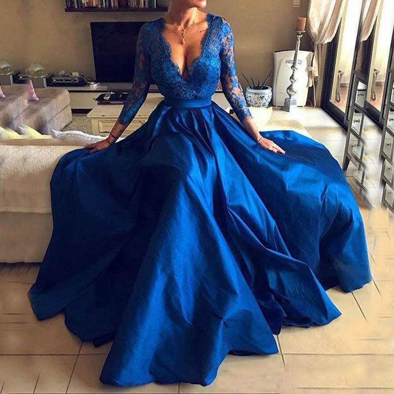 fitted lace wedding dress Luxurious Royal Blue Long Sleeves One Shoulder Mermaid Prom Dress with Beads main image 0