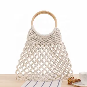 कपास पैटर्न जाल समुद्र तट बैग आकस्मिक शॉपिंग हैंडबैग Crochet लकड़ी संभाल के साथ बैग ले जाना