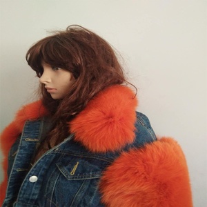 Women Winter Jeans <strong>Short</strong> Style <strong>Denim</strong> <strong>Jacket</strong> with Real Raccoon Fur Collar Fur Arm - Product Image 2