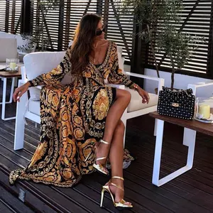 Maxi vestido de moda africano, decote em v profundo vestido com estampa