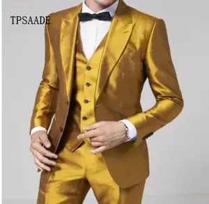 Celana Mantel Emas 3 Potong untuk Pria, Setelan Pernikahan Ramping Gambar Asli WF704
