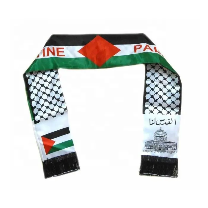 מכירה לוהטת עיצוב מותאם אישית זול 15x150cm הדפסת סריגה Worldup פוליאסטר כדורגל מועדון מאוורר פלסטין דגל צעיף