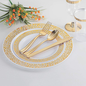 Ensemble de <span class=keywords><strong>vaisselle</strong></span> en <span class=keywords><strong>plastique</strong></span> or pour fête de mariage et ensemble de couverts assiette fourchette cuillère en <span class=keywords><strong>plastique</strong></span> jetables - Product Image 5
