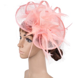 Chapeaux de cérémonie pour femmes en sinamay et mousseline, ornés de fleurs et de plumes, pour fêtes et mariages - Product Image 5