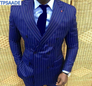 Şık tasarım damat smokin kruvaze mavi şerit Peake yaka Groomsmen en iyi erkek takım elbise erkek düğün takım elbise ceket pantolon kravat - Product Image 2