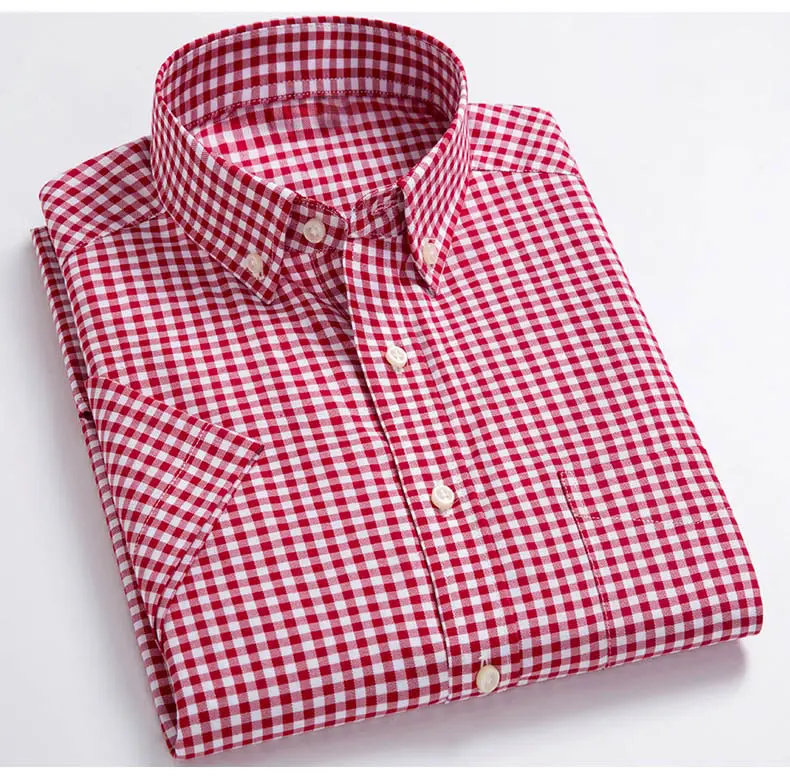 MTM shirt factory custom red white summer design men's slim fit short sleeve plaid shirts for men