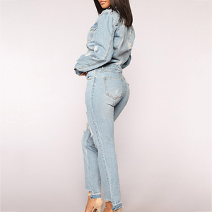 Custom mujeres Romper con cuello botón hasta bolsillos manga larga de alta cintura azul <span class=keywords><strong>denim</strong></span> jumpsuit - Product Image 3