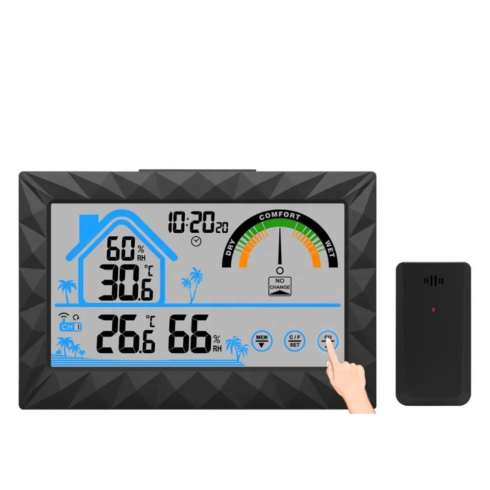 Touch Screen Wireless Color Weather Station Clock With Sensor Square Modern Indoor Thermometer Large Kitchen Black Wall Clock