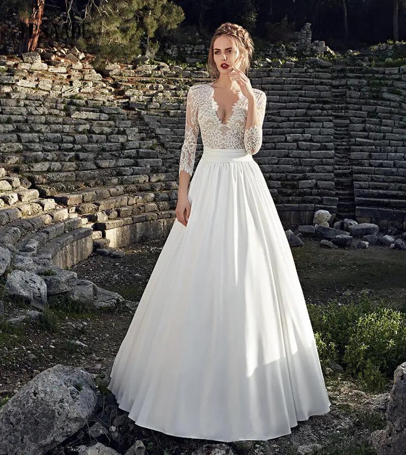 Illusione Del Merletto 3/4 Sleeve UNA Linea di Chiffon del Pannello Esterno del vestito Da Cerimonia Nuziale Appliques Bow Cintura Pulsanti Indietro Da Sposa Vestido de novia 2020