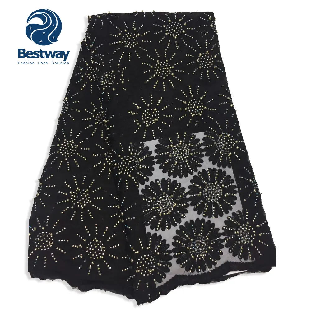 Bestway Luxury Black Color african lace fashion style beaded french lace with stones Tulle Net Lace Fabric FL1204B