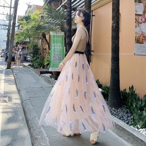 2019 spring and summer embroidered gauze skirt 3 layers anti-light high waist long fairy skirt