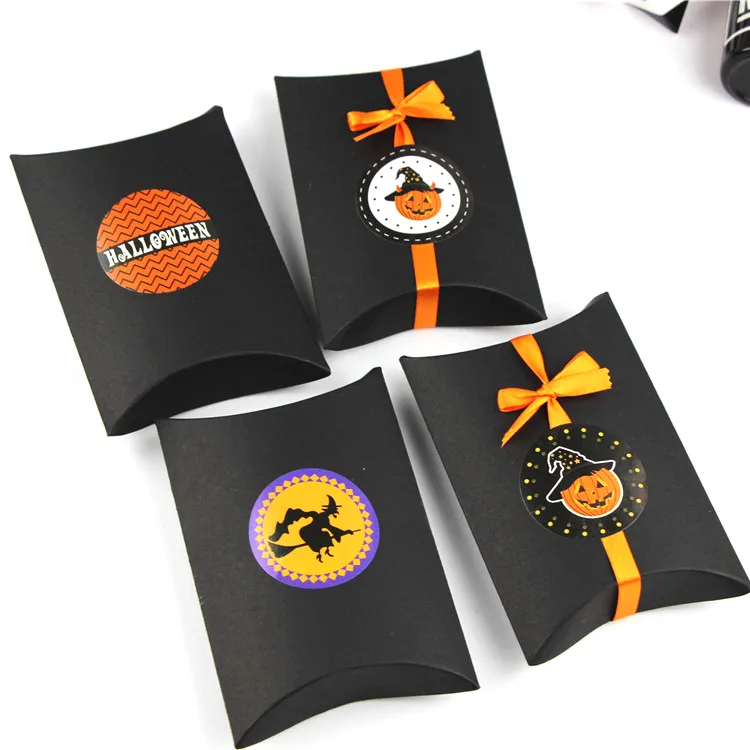 Halloween Cute Cartoon Candy Carton Gift Pack Paper Tape Black paper pillow box with handle