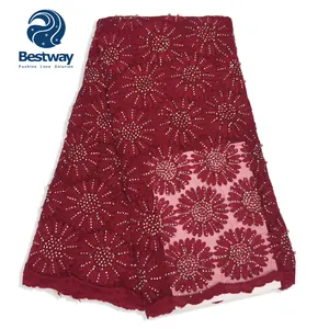 2019 Bestway afrikanische tüll strass französisch spitze hohe qualität perlen stretch net stoff spitze für hochzeit kleid FL1204B