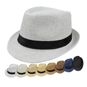 Chapeau de paille pour femmes, chapeau fédora, Jazz, été, plage, soleil, Logo personnalisé, impression sur ruban, pour l'équipe de Promotion