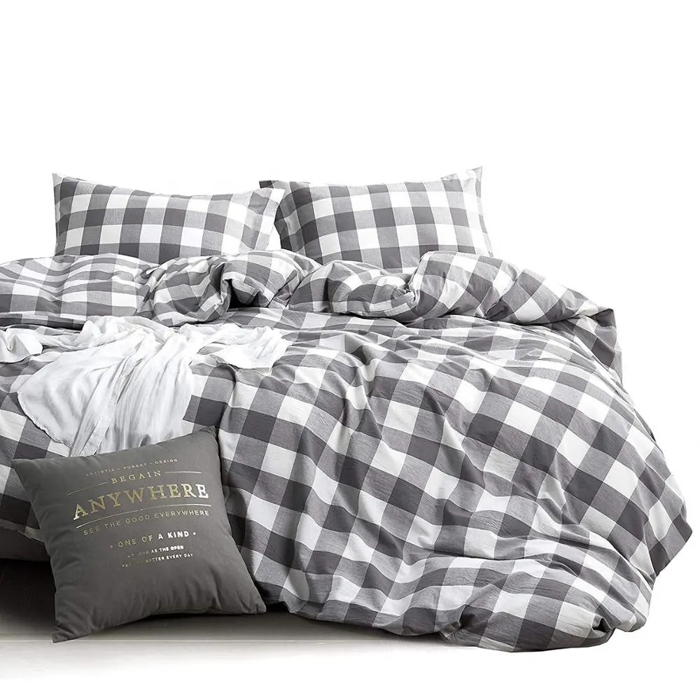 Washed Cotton Duvet Cover Set, Buffalo Check Gingham Plaid Geometric Checker Pattern Printed in Gray Grey and White Duvet Cover