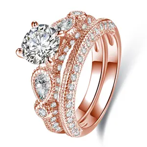 ขายส่ง แหวนผู้หญิงชิ้น-Zhefan แหวนแต่งงาน2ชิ้นสีโรสโกลด์925,ชุดแหวนแต่งงานสีทองแหวนคู่สำหรับผู้หญิง