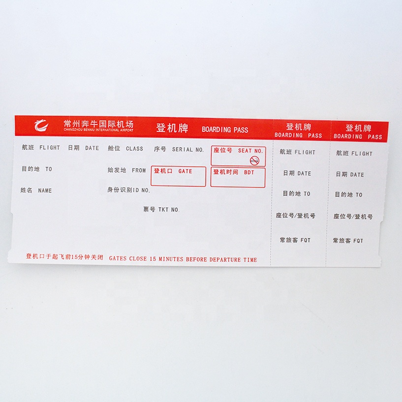 Оптовая продажа на заказ дешевые термальный бумажный Airline и авио путями билетов посадочный талон печать билета самолета