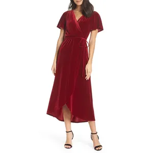 2019 China fabricante rojo largo de terciopelo Casual elegante vestido de mujer largo
